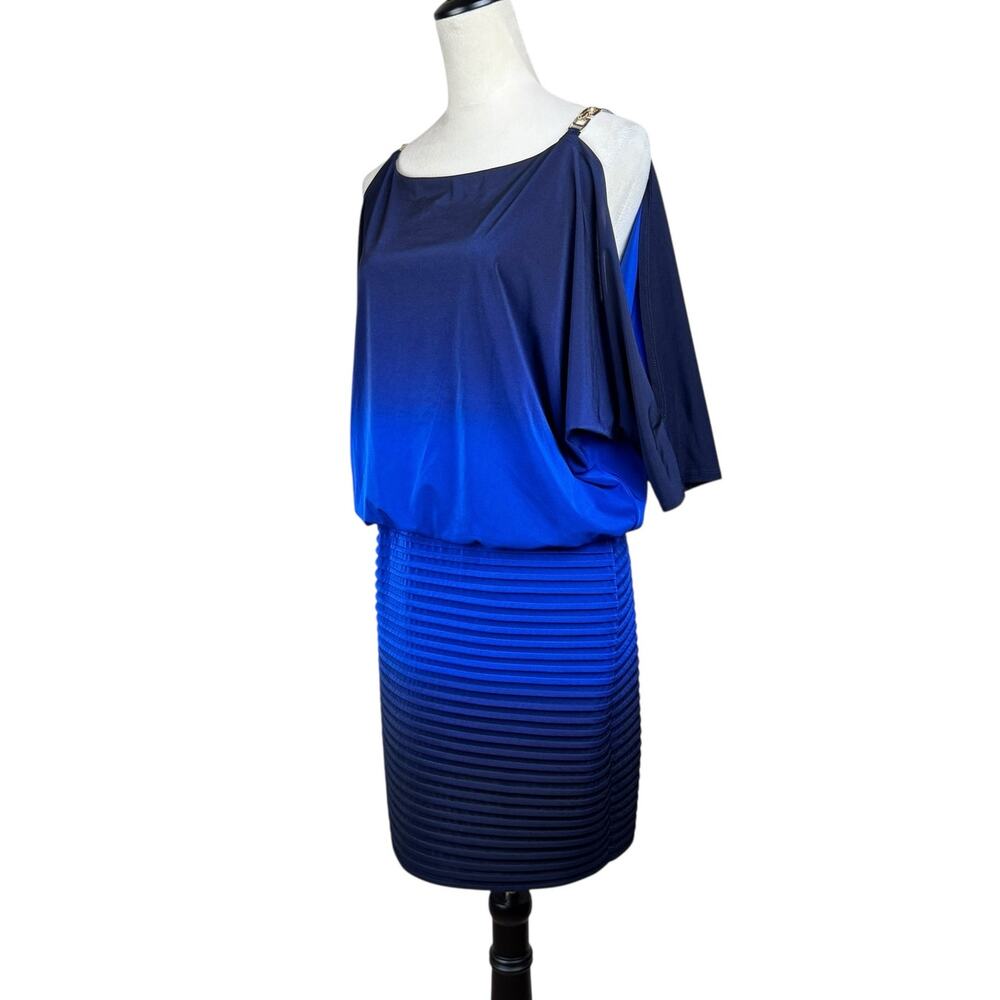 Xscape Royal Blue & Black Ombre Slit Sleeve Cold Shoulder Blouson Mini Dress
